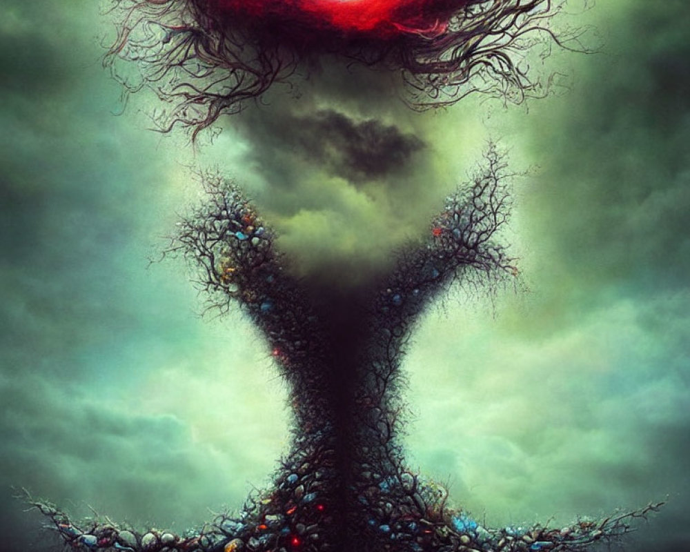 Surreal tree with nebula-like canopy and colorful orbs in moody sky