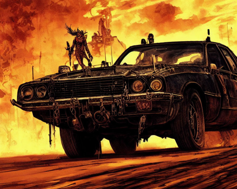 Menacing figure on battle-worn car in post-apocalyptic scene