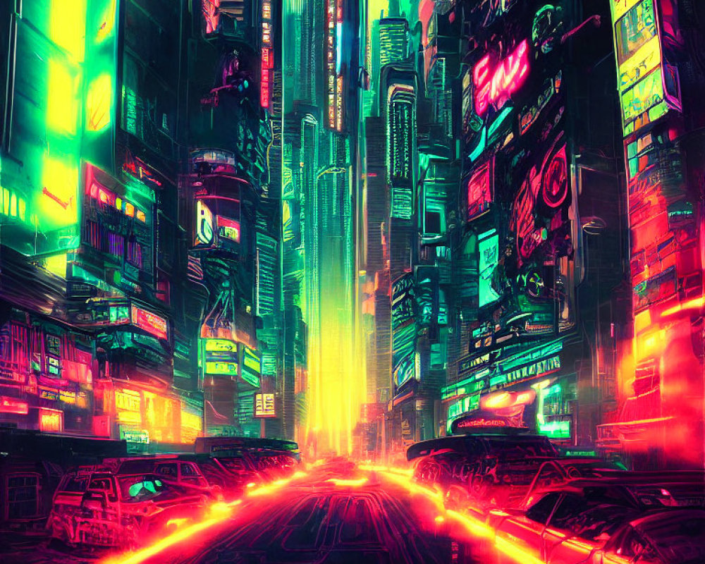 Vibrant cyberpunk cityscape: neon lights, skyscrapers, traffic streams