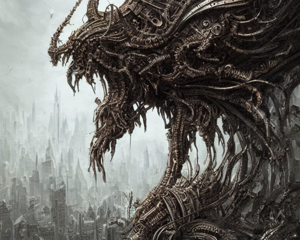 Intricate biomechanical creature over dystopian cityscape