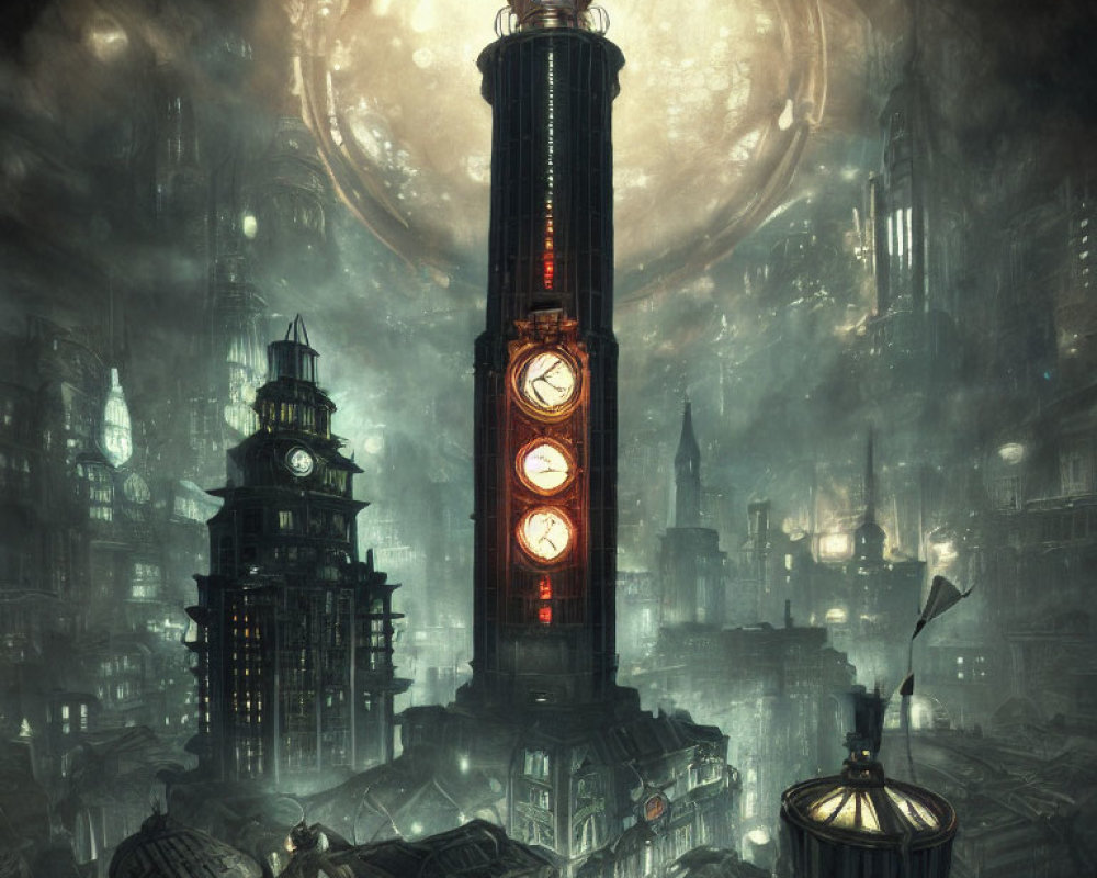 Gothic cityscape with Victorian buildings and full moon