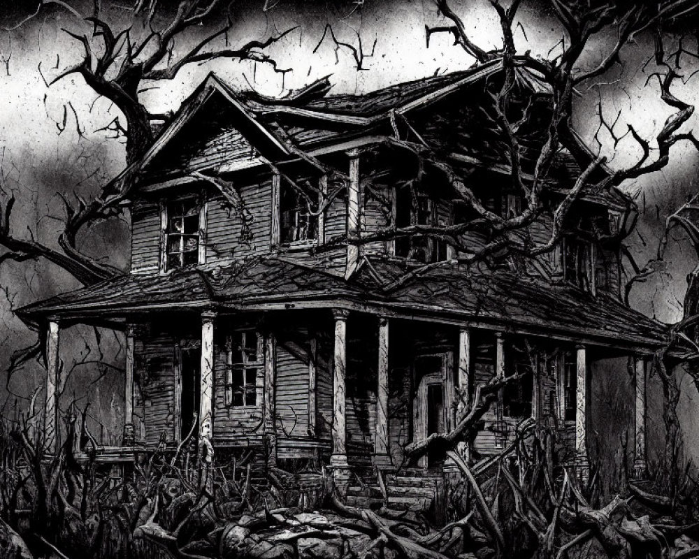 Monochrome sketch of dilapidated two-story house and barren trees