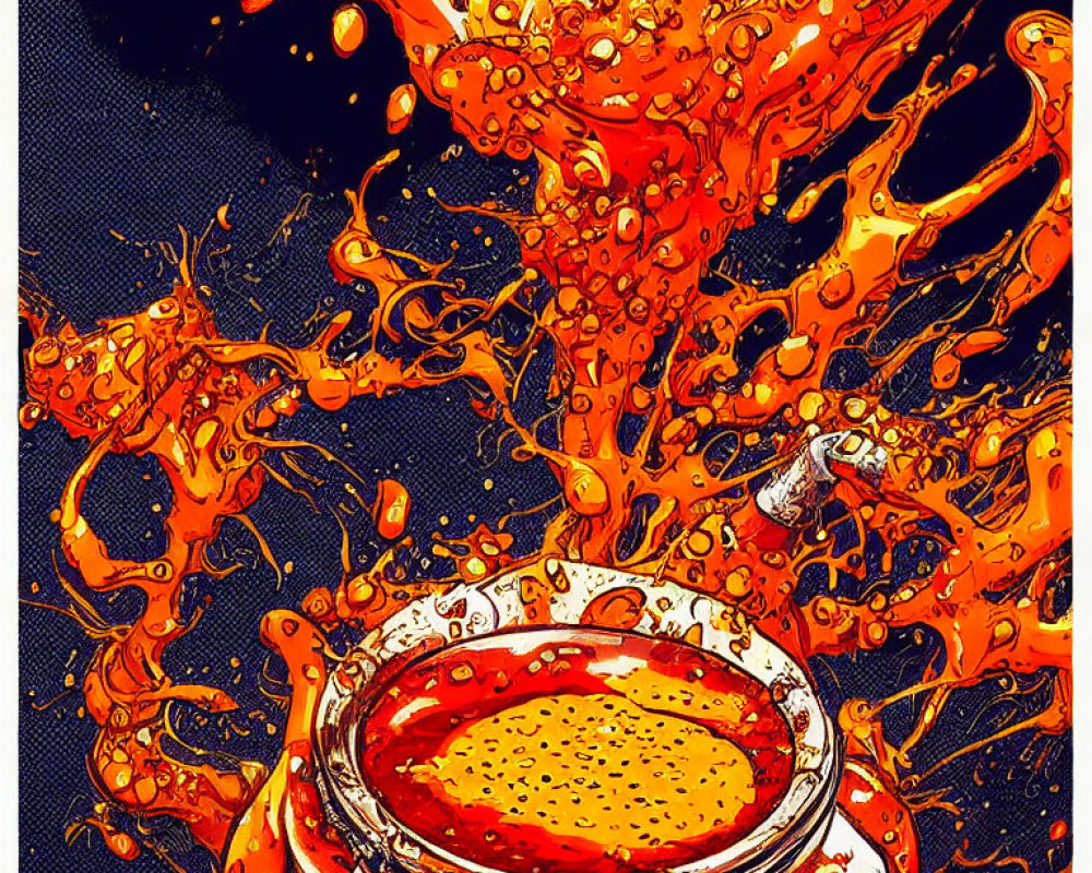 Bright orange liquid splashing from silver cup on dark blue background