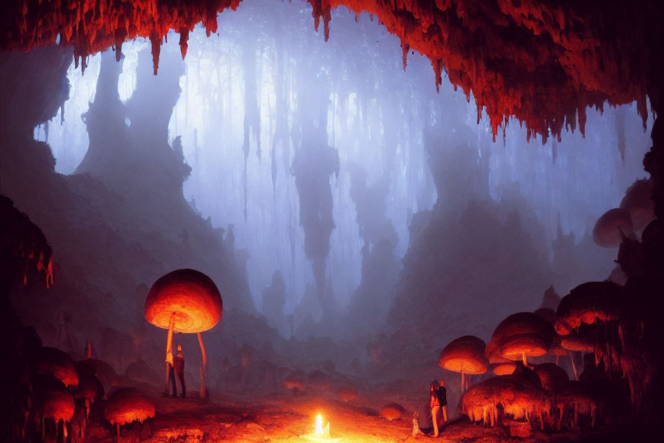 Mystical cave with glowing fire, oversized mushrooms, and silhouetted figures