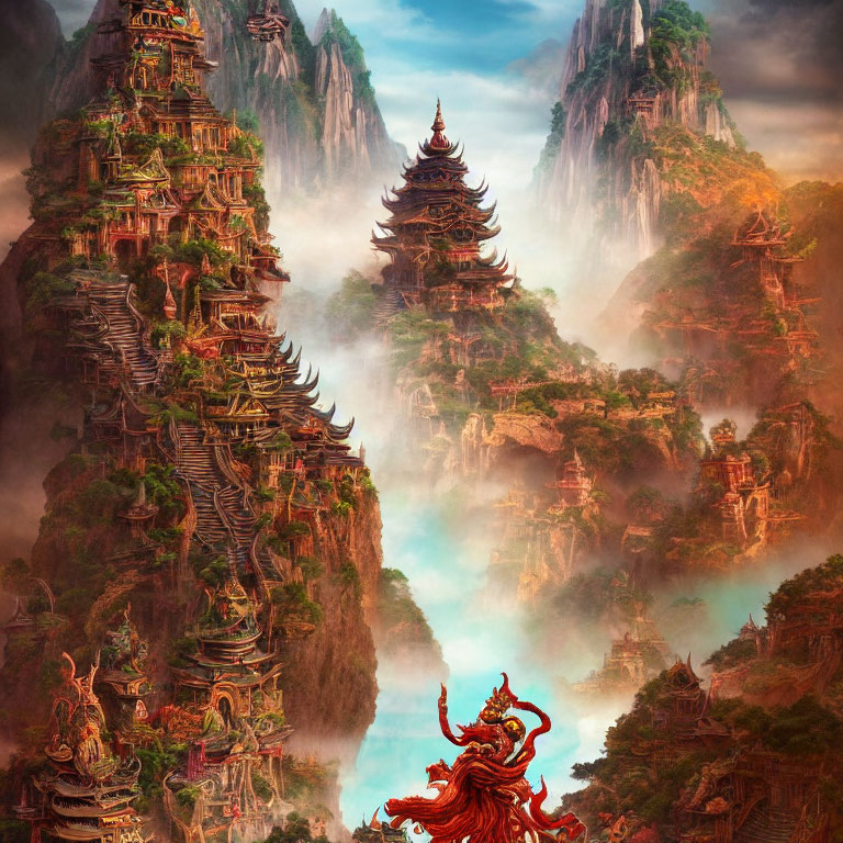 Majestic mountain landscape with ancient temples and dragon-like figure