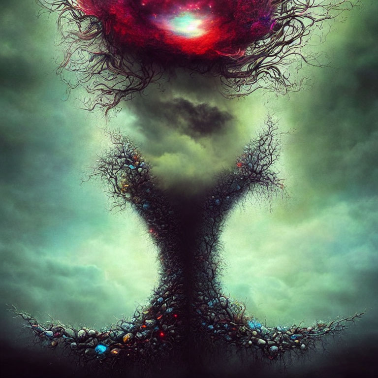 Surreal tree with nebula-like canopy and colorful orbs in moody sky