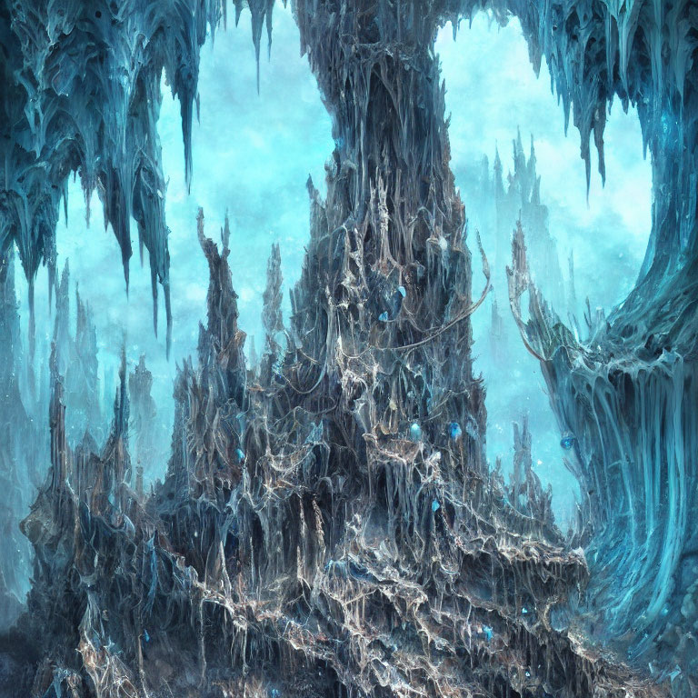 Mystical icy cavern with jagged stalactites and stalagmites