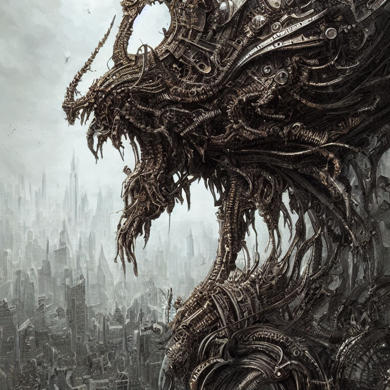 Intricate biomechanical creature over dystopian cityscape