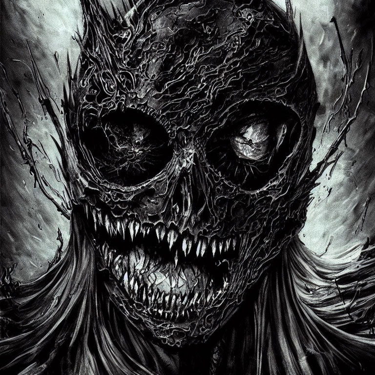 Menacing skull illustration with swirling textures and sharp teeth