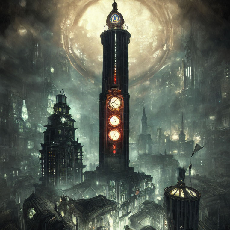 Gothic cityscape with Victorian buildings and full moon