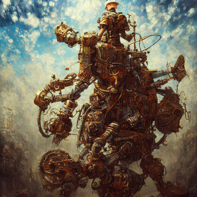 Steampunk-style illustration of person riding mechanical horse under cloudy skies