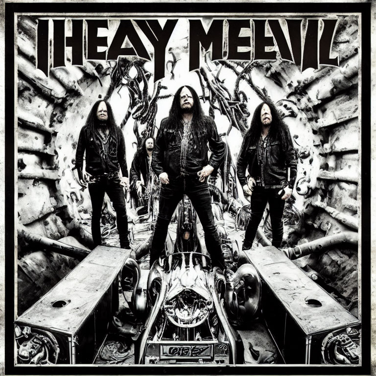 Monochrome photo of long-haired heavy metal band with skull graphics