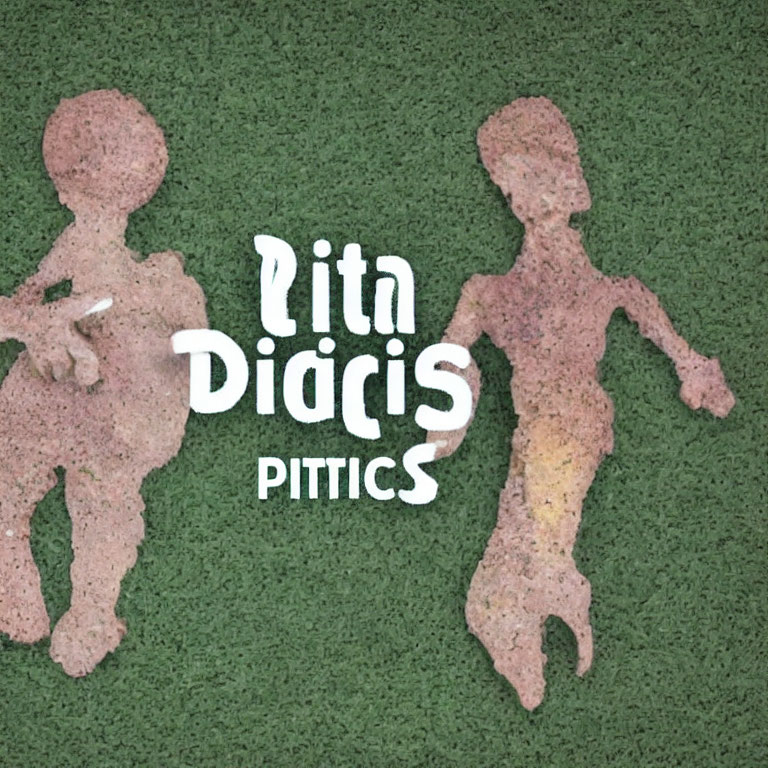Stylized human figures with rustic texture on green background and text "lita Diacrís P