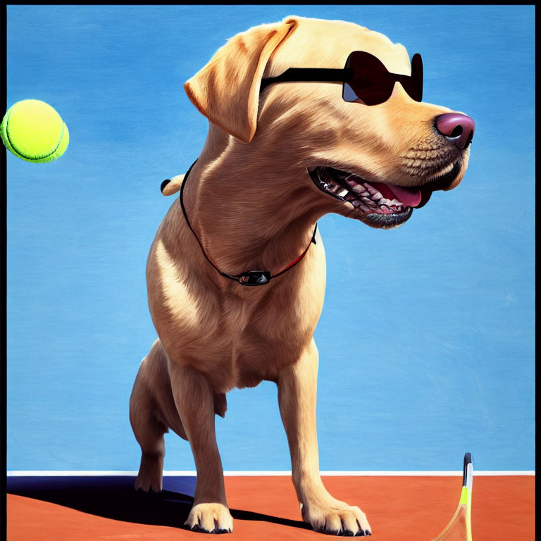 Stylized illustration of a dog playing tennis with sunglasses