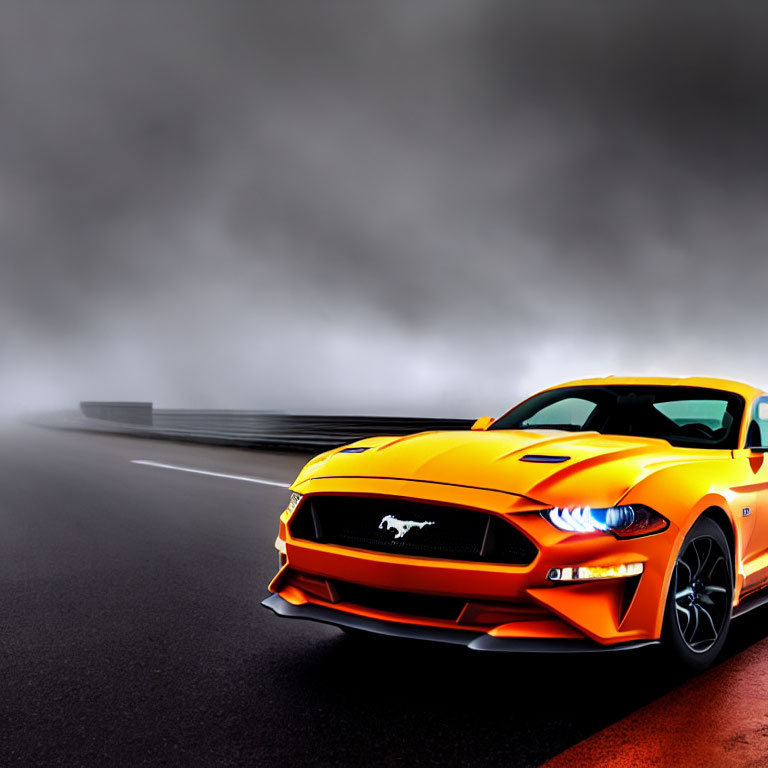 Orange Ford Mustang on misty road with dark, cloudy background