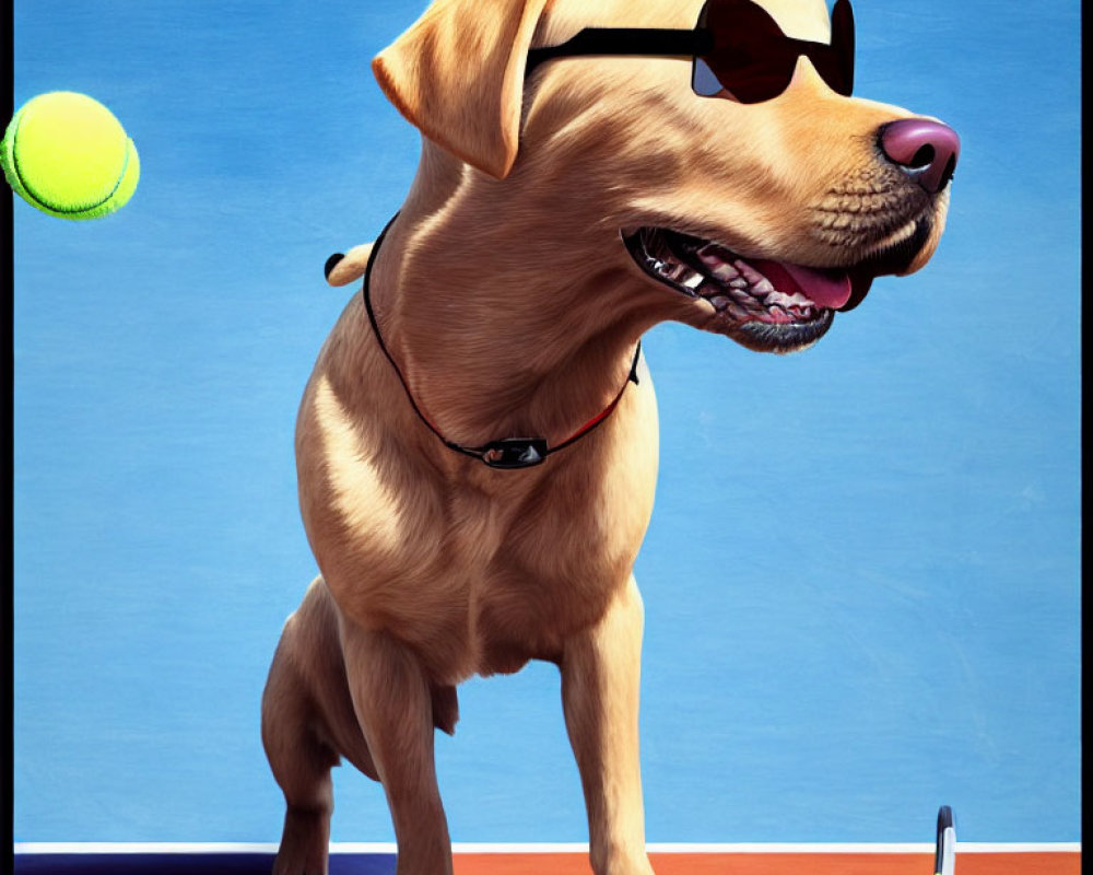 Stylized illustration of a dog playing tennis with sunglasses
