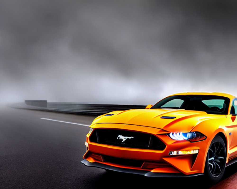 Orange Ford Mustang on misty road with dark, cloudy background