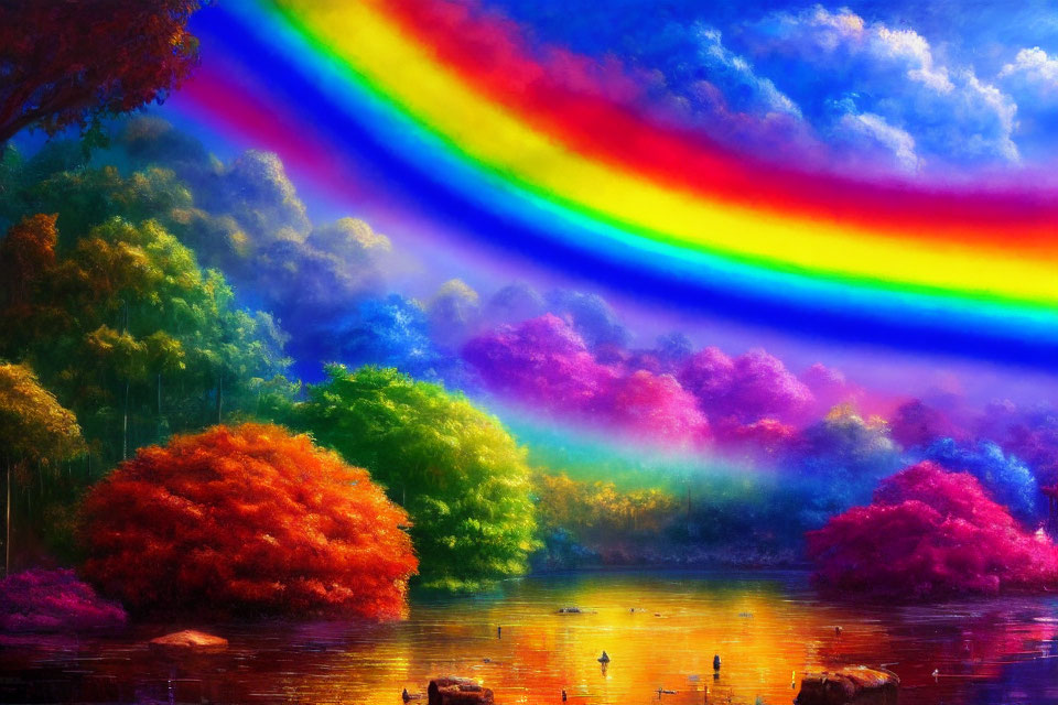 Colorful Nature Scene with Vibrant Rainbow Over Lake