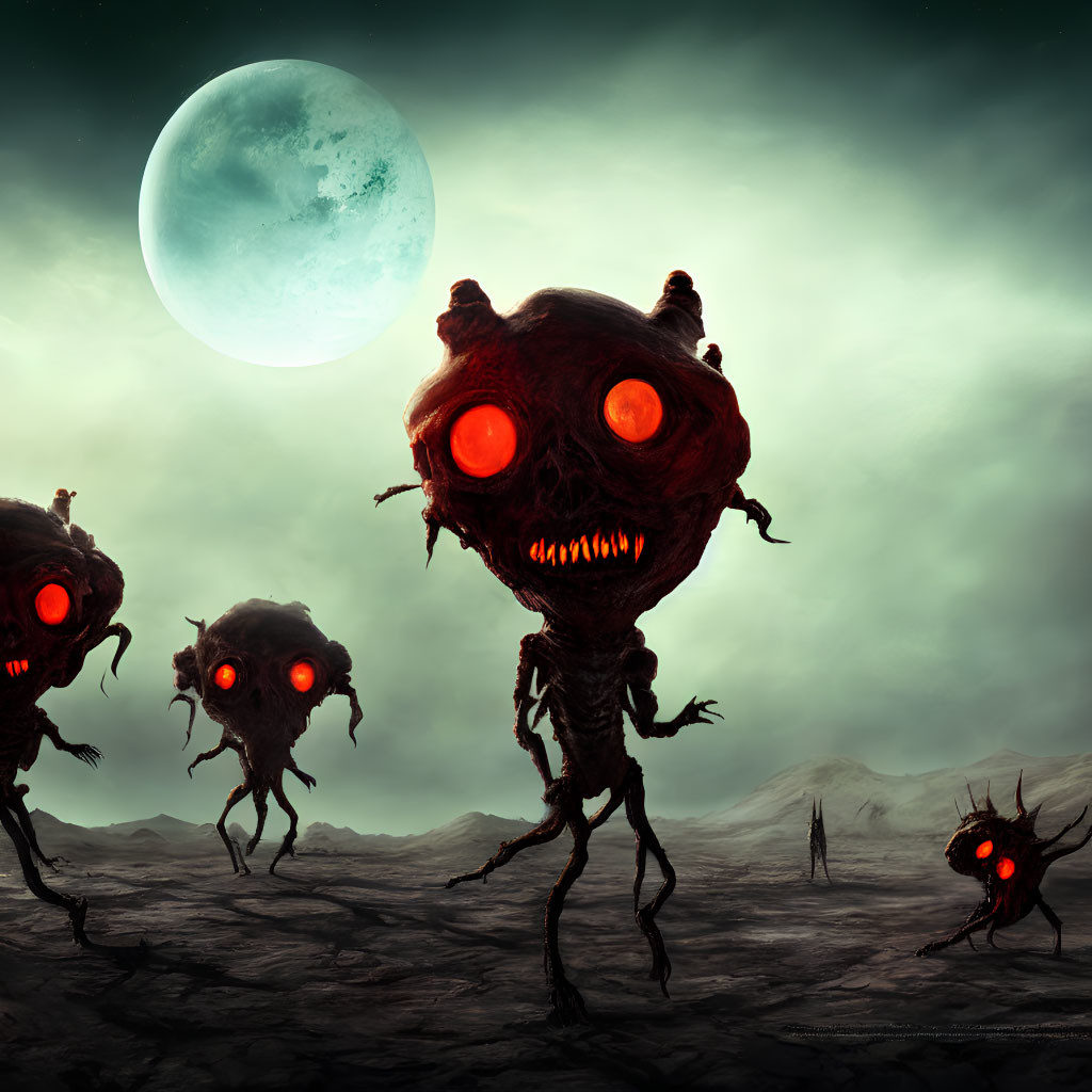 Eerie red-eyed creatures in desolate moonlit landscape