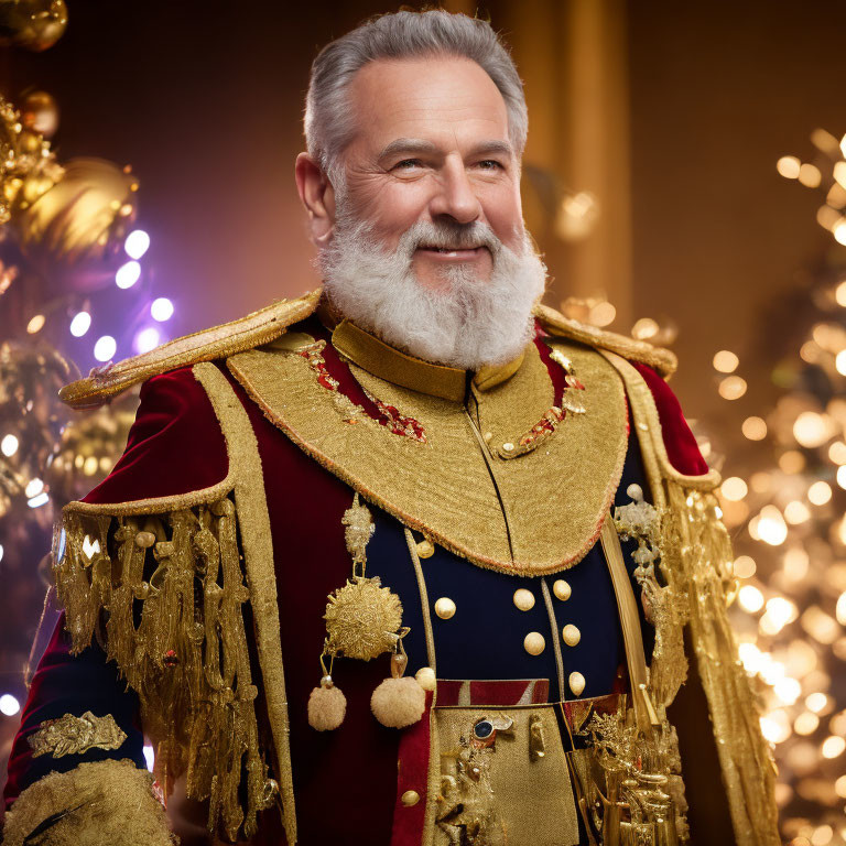 White-bearded man in red and gold uniform against golden lights