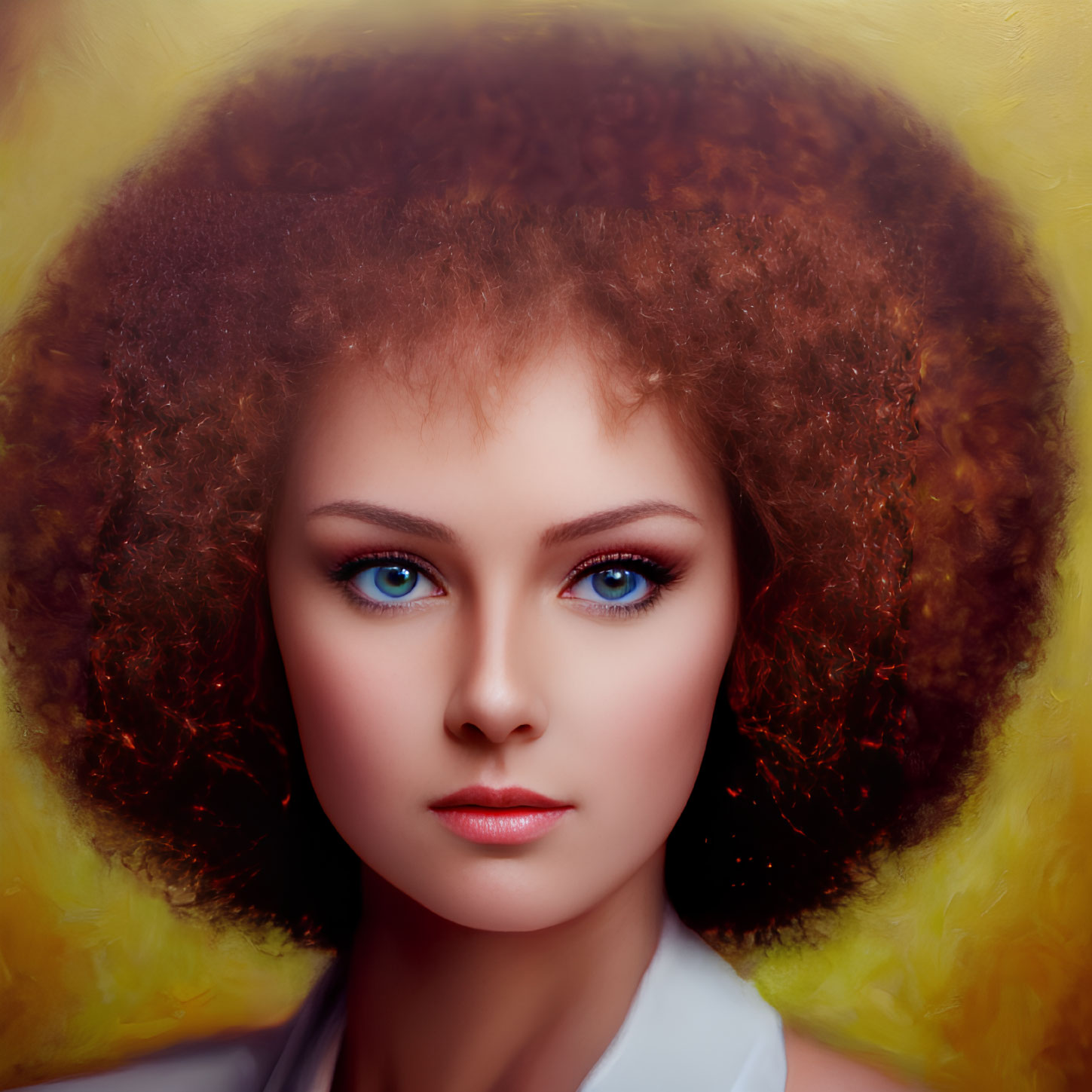 Portrait of Woman with Blue Eyes, Curly Hair, Fair Skin on Yellow Background