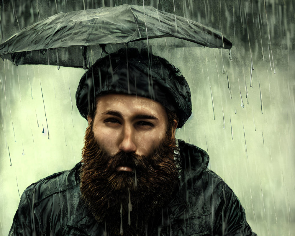 Bearded man in beret and raincoat with umbrella in heavy rain