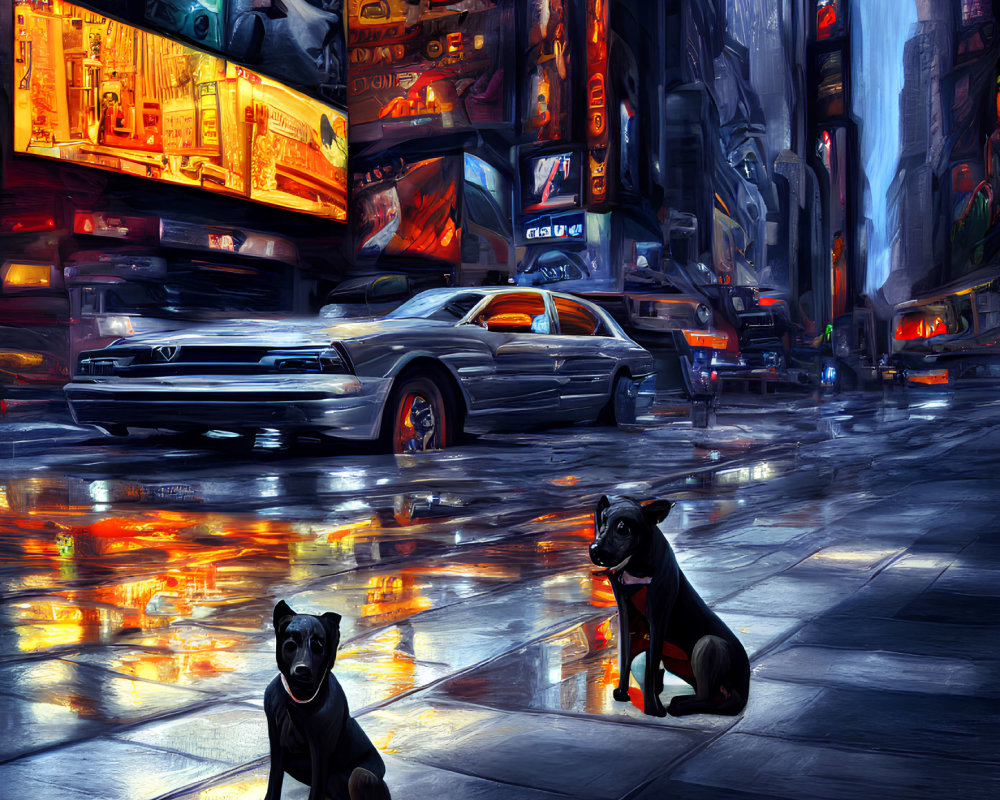 Neon-lit street with wet pavement, futuristic cars, and two dogs