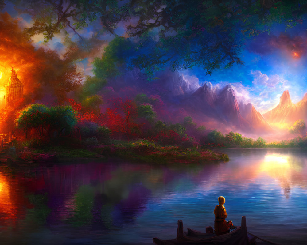 Person sitting on dock by serene lake with colorful trees, mountains, and sunlit sky