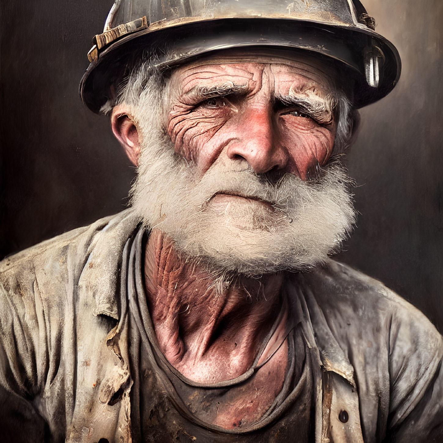 Elderly miner with white beard and soot-covered face.