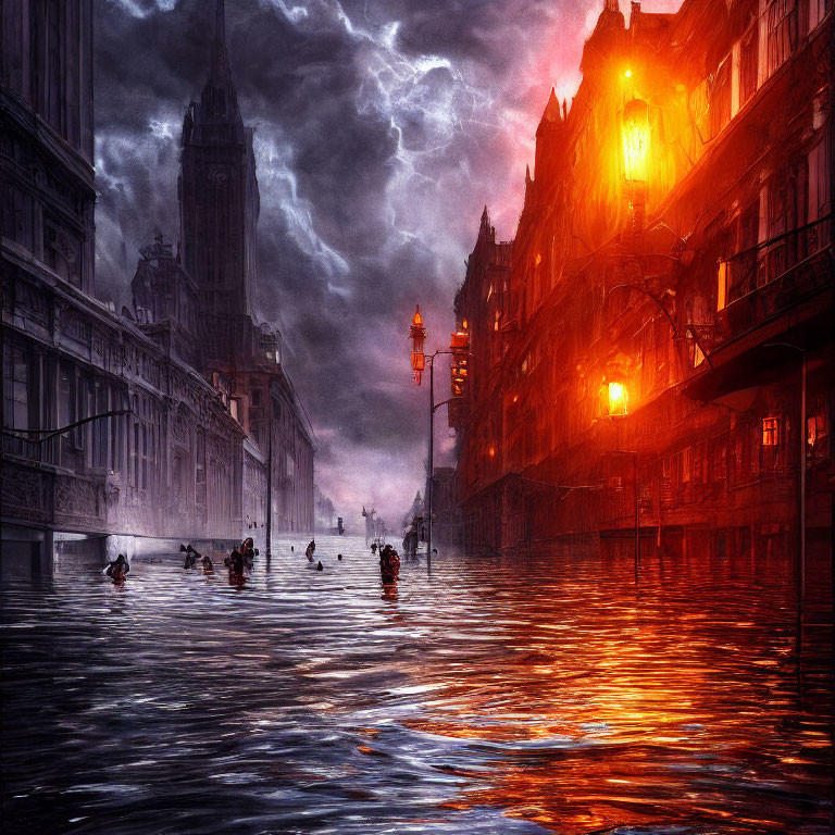 Flooded cityscape at dusk: Glowing street lamps, dark clouds, small boats.