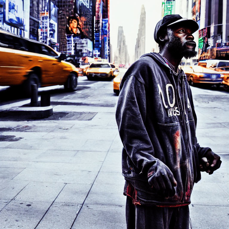 Man in hoodie on busy city street with taxis and billboards.