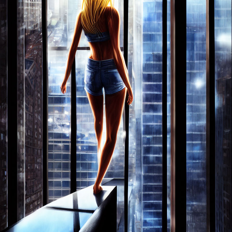 Woman in tank top and shorts on city ledge with skyscrapers, backlit by sun