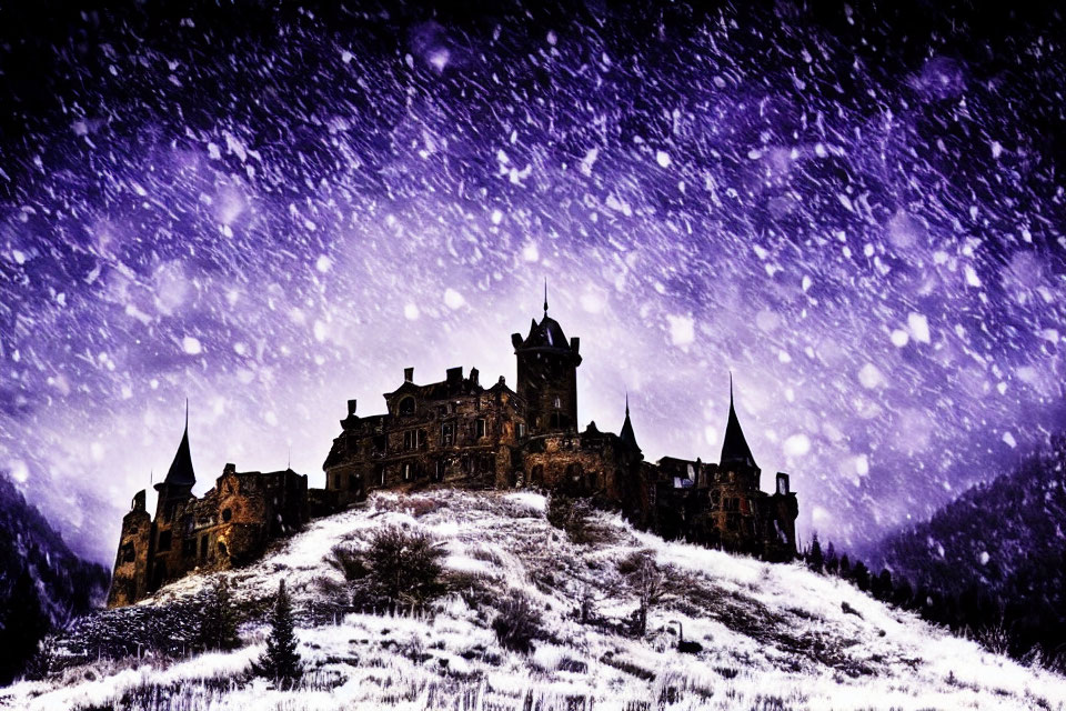 Snowy hill castle under starry sky with falling snowflakes in purple light