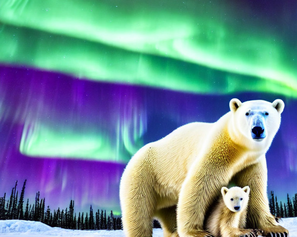 Polar Bear and Cub under Aurora Borealis