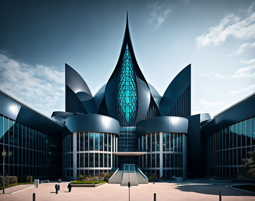 Contemporary building design with glass centerpiece and curved wings under blue sky.