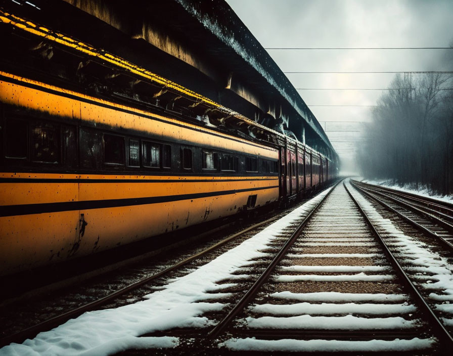 Snow-dusted railroad tracks and parked trains under an overpass in a moody winter scene