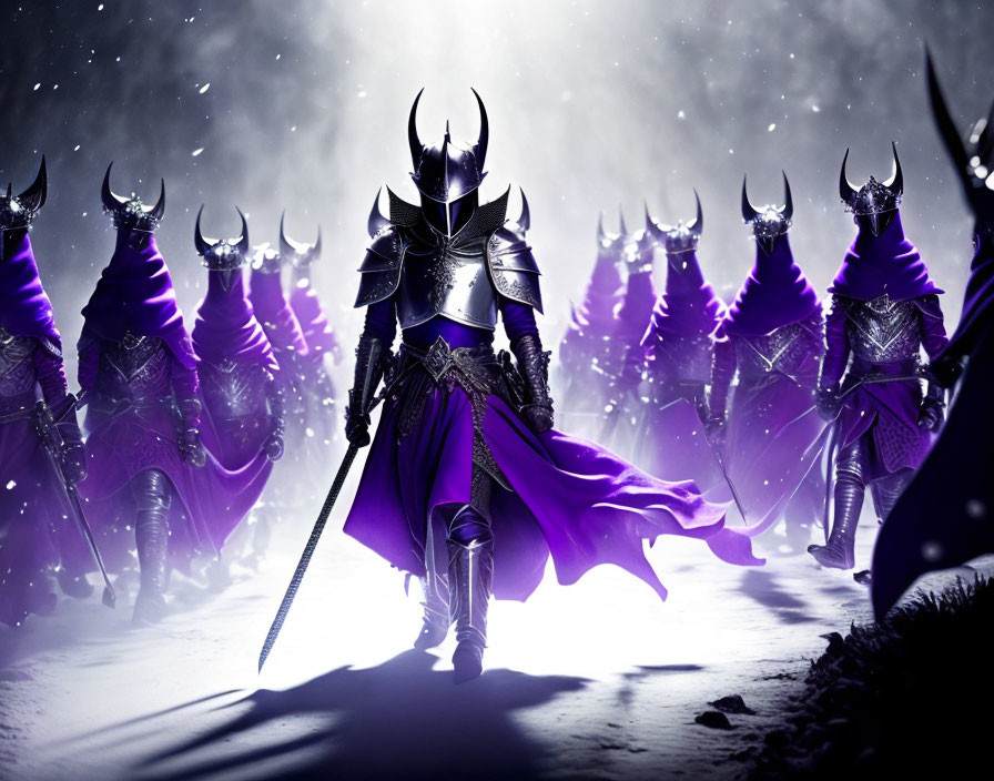 Armored figures with helmets and capes in misty setting, purple cape leader.