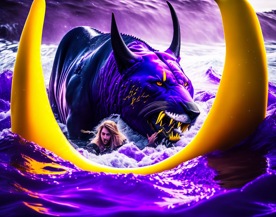 Woman emerging from ocean waves next to giant purple beast with horns in glowing yellow aura