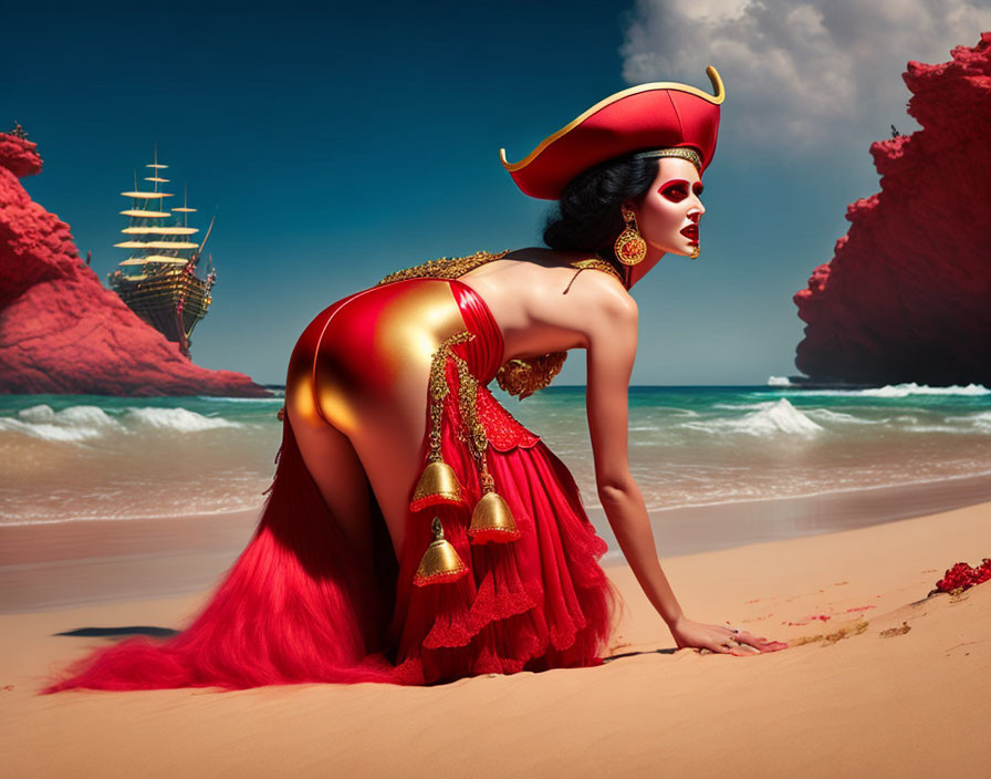 Person in red pirate outfit on beach with ship in background