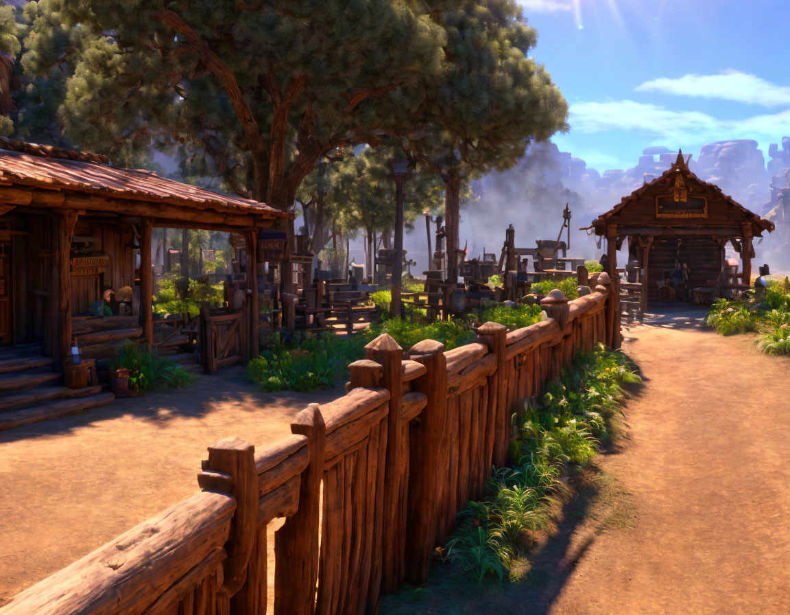 Rustic village scene with wooden houses, dirt path, trees, and sunlight.