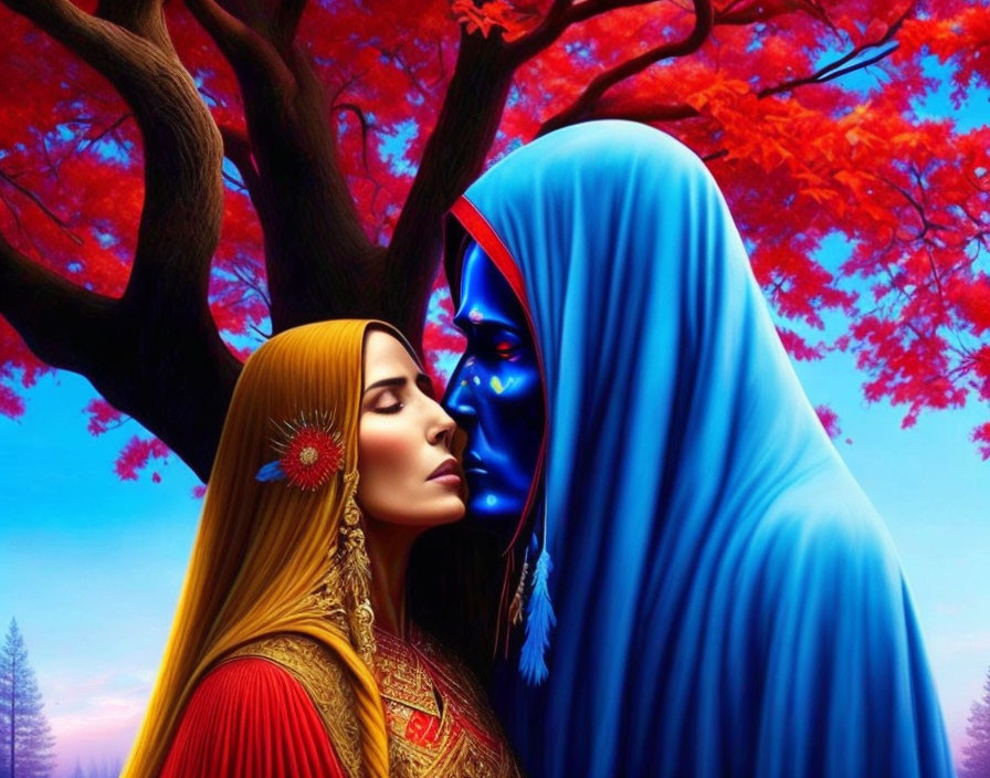 Digital artwork featuring two cosmic figures under a vibrant red tree