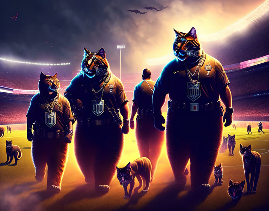 Anthropomorphic cats in football attire on stadium field at night