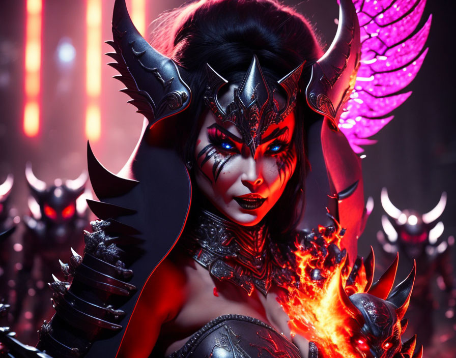 Female demon character with horns and fireball in hellish setting