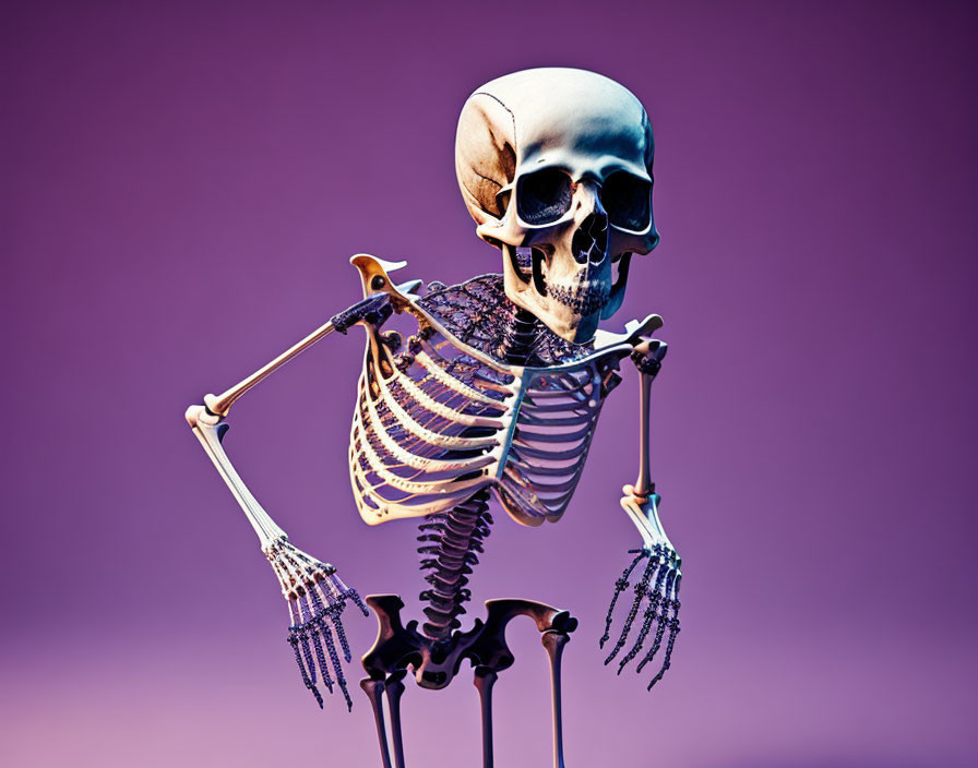 Skeleton posing with hand on hip on purple background