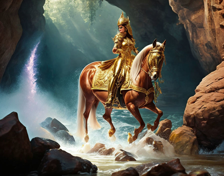 Golden-armored warrior on adorned horse in rocky stream under sunlight