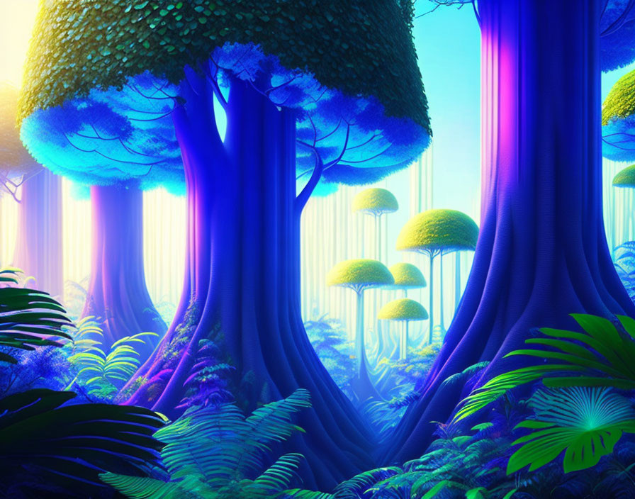 Enchanted forest with oversized mushrooms and luminous trees