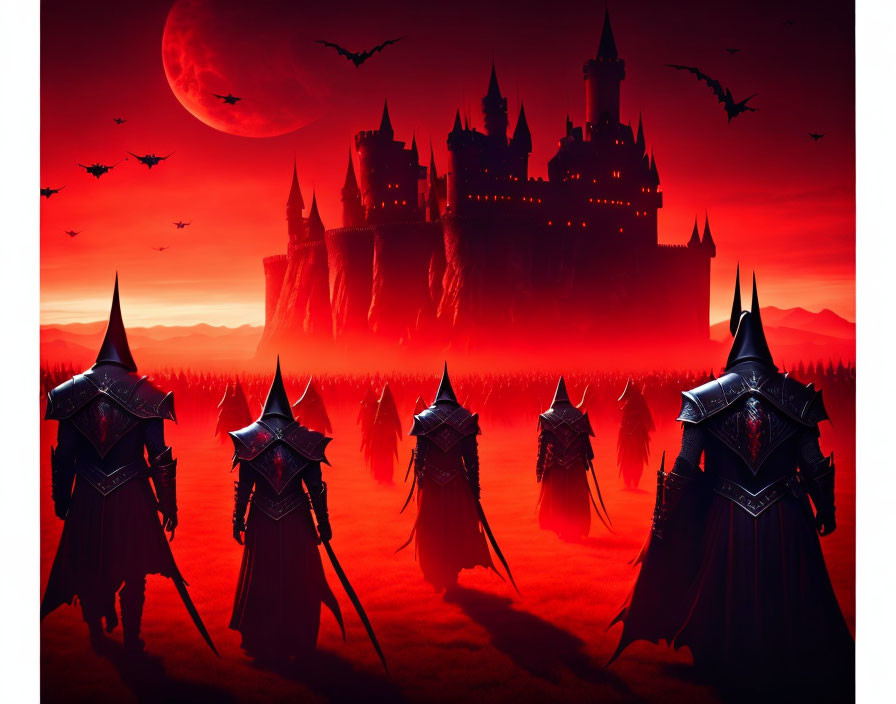 Fantasy scene with armored figures, castle, red sky, full moon, and flying creatures