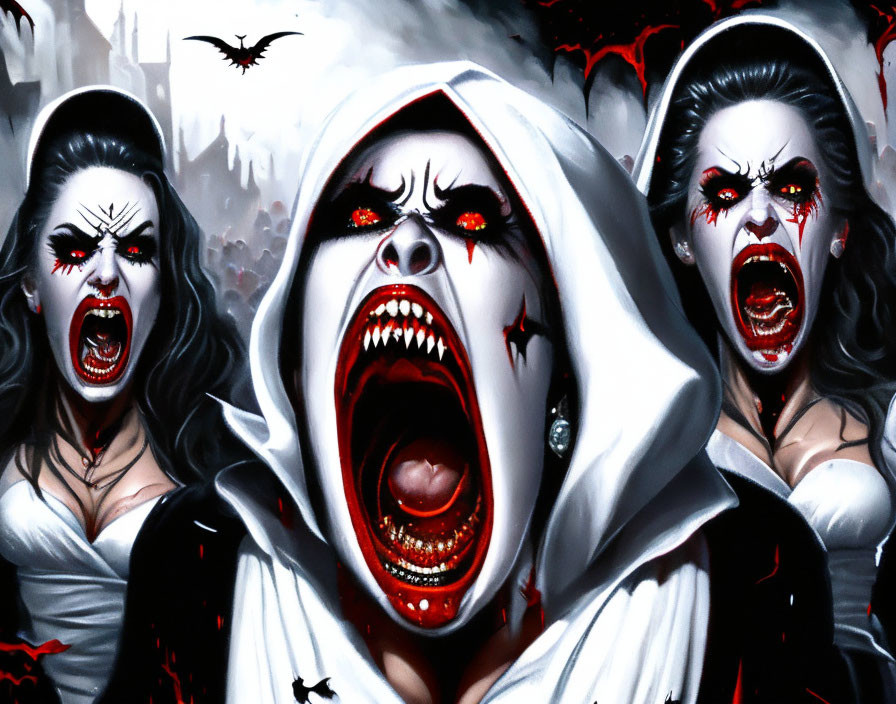 Three vampire women with sharp fangs in misty background with bats.