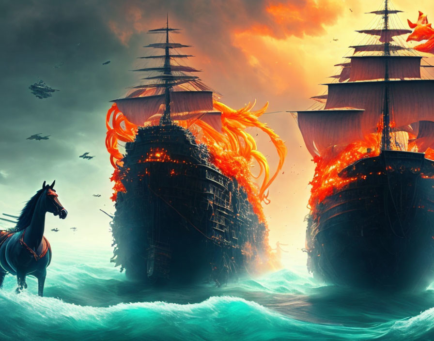 Fantasy artwork: Flaming ships, spectral horse, teal waters, fiery sky