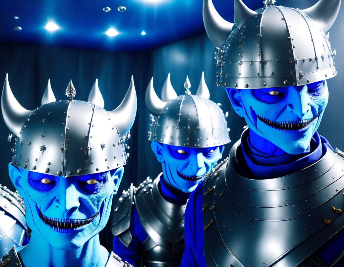 Spiked helmet figures with blue-tinted skin under blue lighting